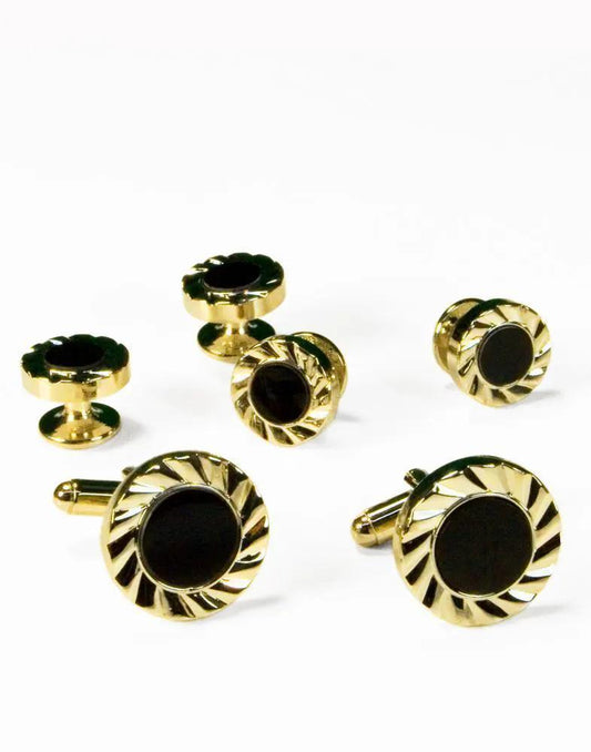 Black Circular Onyx with Gold or Silver Fan Cut Edge Studs and Cufflinks Set by Tux-USA