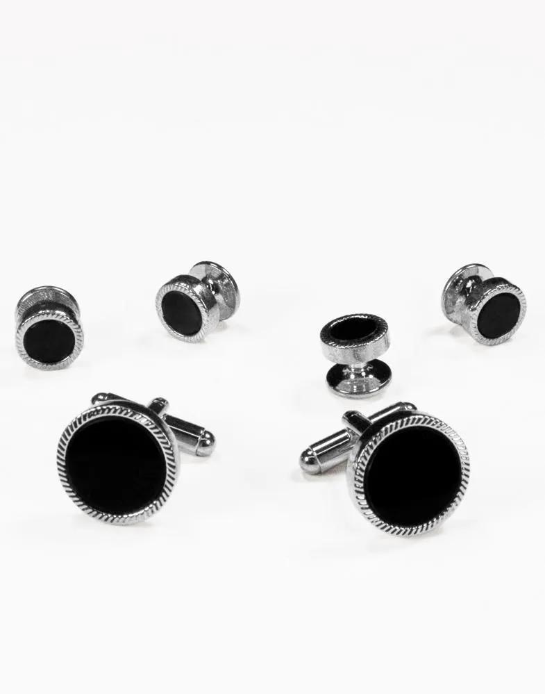 Black Circular Onyx with Gold or Silver Feather Cut Edge Studs and Cufflinks Set by Tux-USA