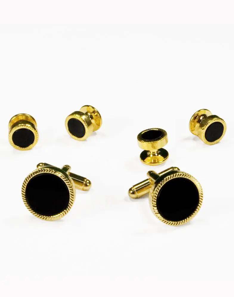Black Circular Onyx with Gold or Silver Feather Cut Edge Studs and Cufflinks Set by Tux-USA