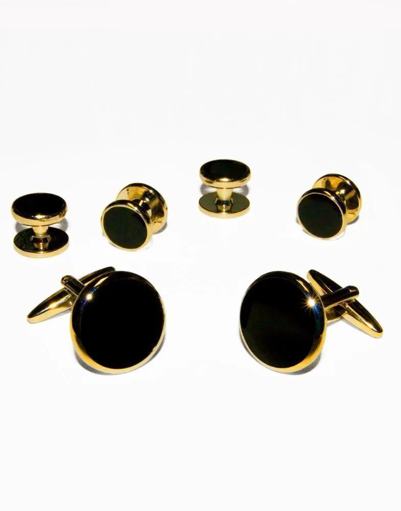 Black Circular Onyx with Gold or Silver Trim Studs and Cufflinks Set by Tux-USA