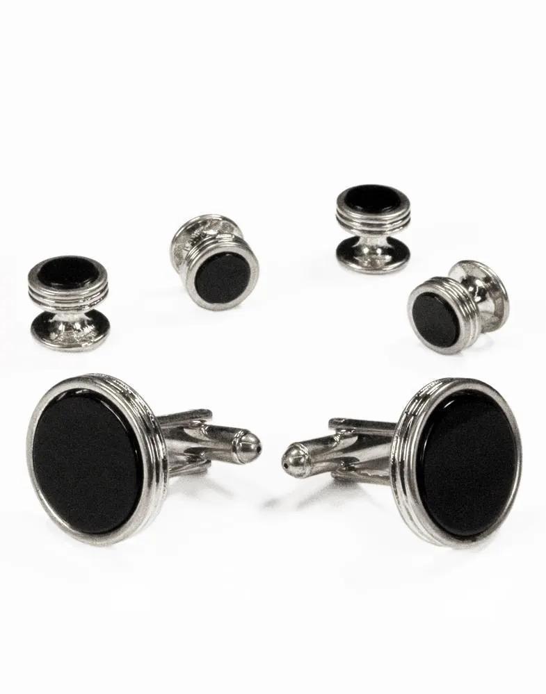 Black Circular Onyx with Silver Concentric Circles Studs and Cufflinks Set by Tux-USA