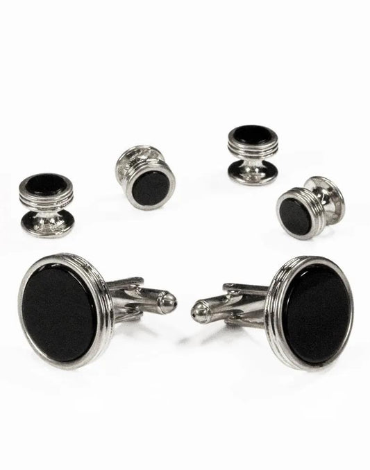 Black Circular Onyx with Silver Concentric Circles Studs and Cufflinks Set by Tux-USA