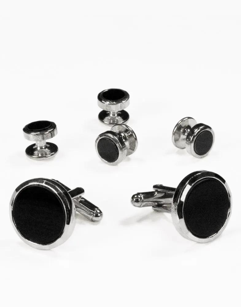 Studs And Cufflinks Set Six Piece Circular Facet Cut Edge Onyx Black by Tux-USA