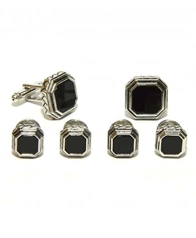 Black Octagon Onyx in Antique Silver Setting Studs & Cufflinks Set by Tux-USA