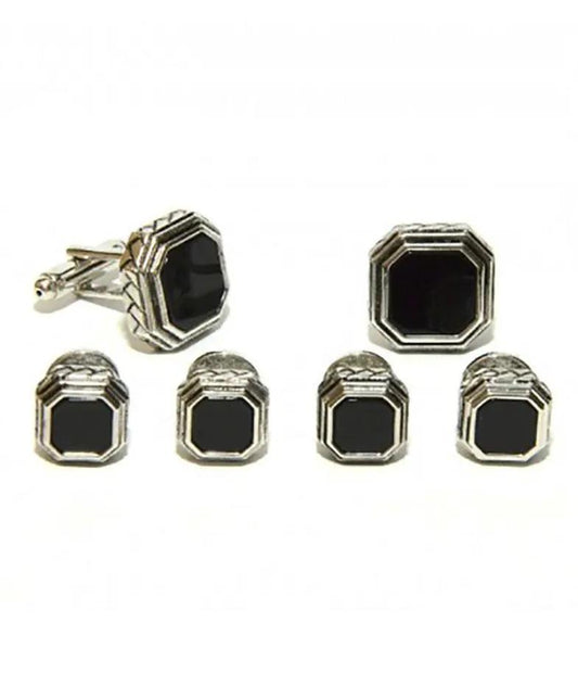 Black Octagon Onyx in Antique Silver Setting Studs & Cufflinks Set by Tux-USA