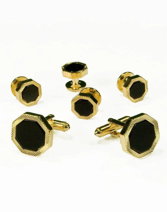 Black Octagon Onyx with Gold Feathered Edge Studs and Cufflinks Set by Tux-USA
