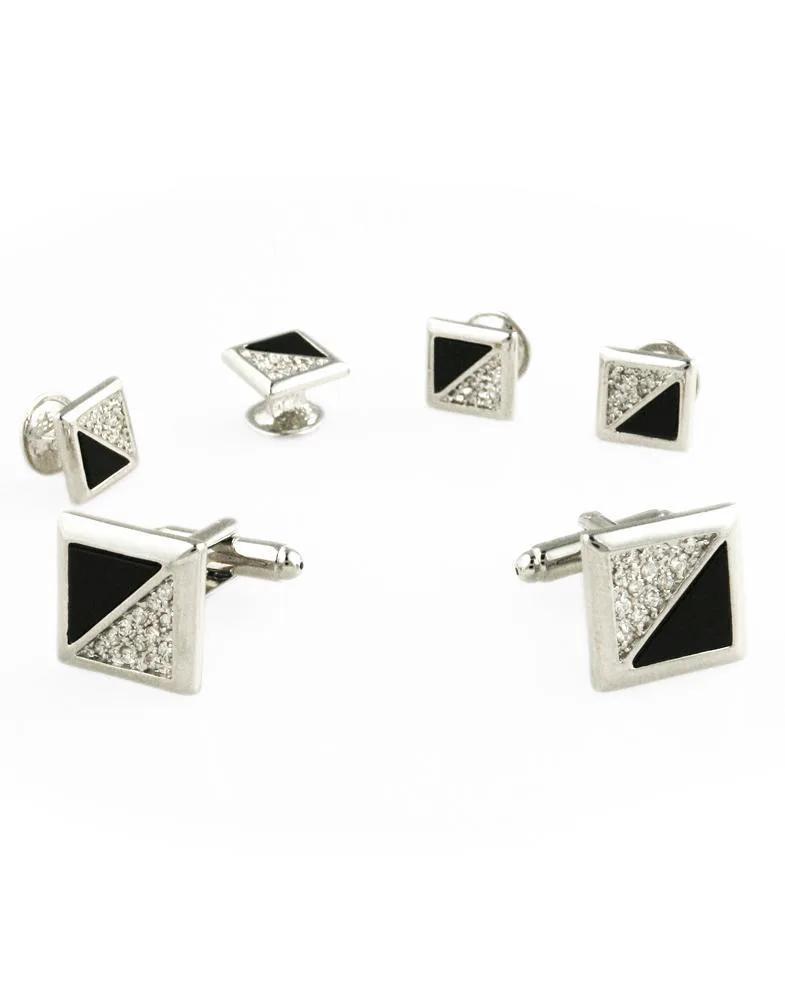 Black Onyx & Cubic Zirconia Triangles with Silver Edge Studs and Cufflinks Set by Tux-USA