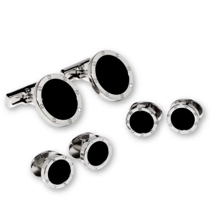 Black Onyx in Silver Screwhead Setting Studs & Cufflinks Set by Tux-USA