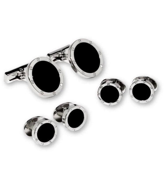 Black Onyx in Silver Screwhead Setting Studs & Cufflinks Set by Tux-USA