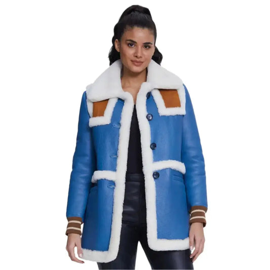 Women's Blue Shearling Aviator Jacket-0