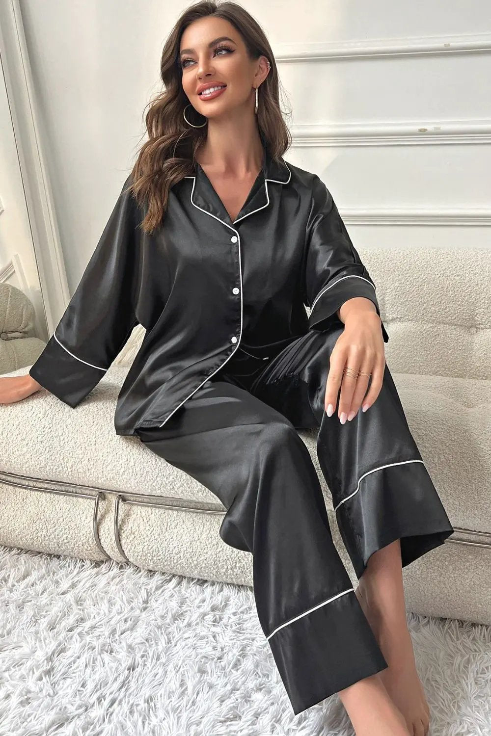 Contrast Piping Button-Up Top and Pants Pajama Set by Partner Label