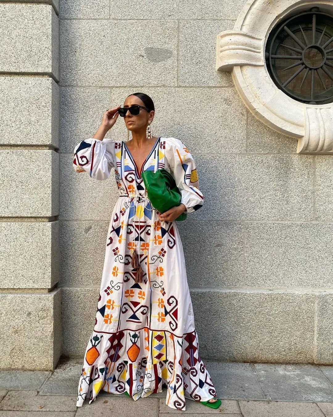 Women's V-Neck Long Sleeve Printed Boho Dress by Anybestbuy Store