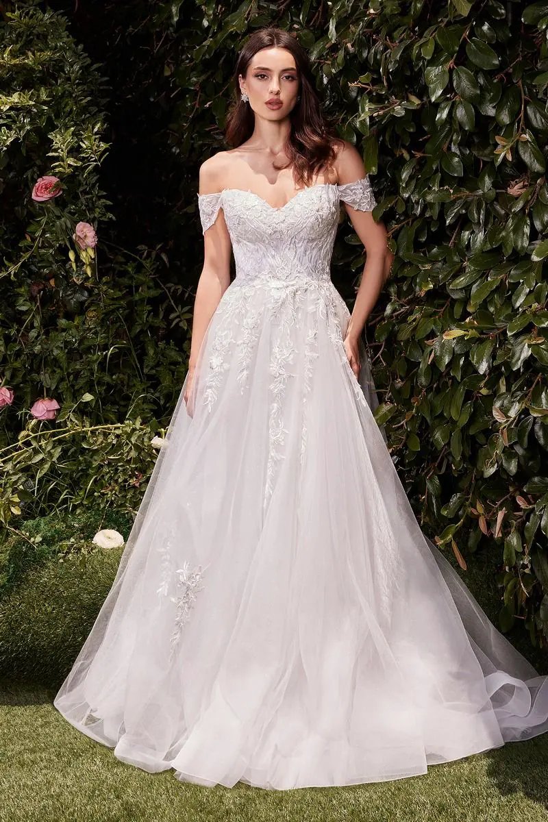 Off The Shoulder A-Line Lace & Tulle Wedding Dress by Tux-USA