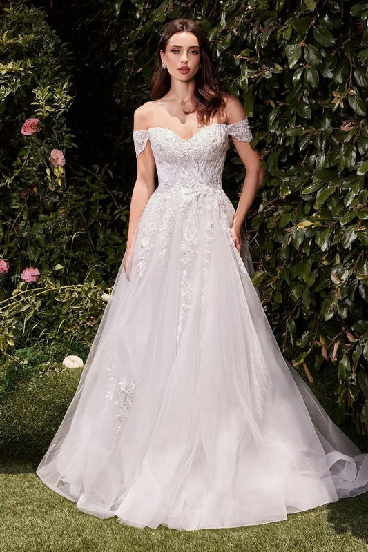 Off The Shoulder A-Line Lace & Tulle Wedding Dress by Tux-USA