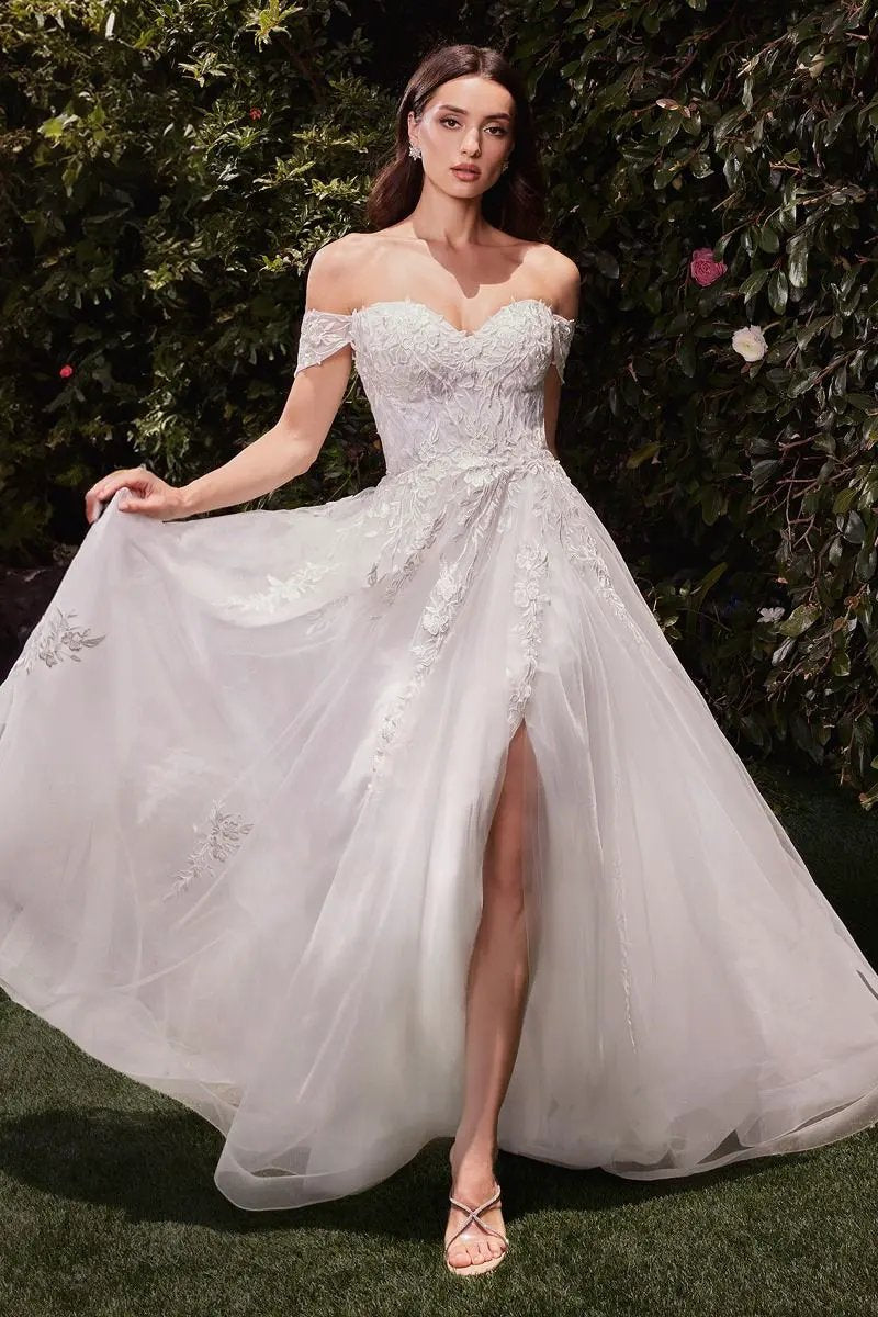Off The Shoulder A-Line Lace & Tulle Wedding Dress by Tux-USA