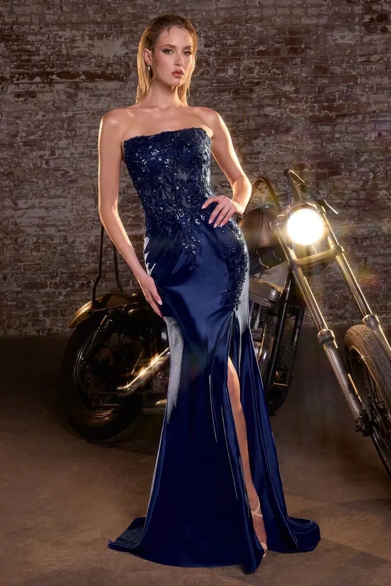 Crystal Strapless Fitted Satin Dress by Tux-USA