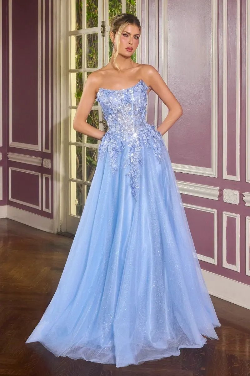 Floral Appliqué Scoop Neck Ball Gown with Shimmer Tulle Skirt by Partner Label