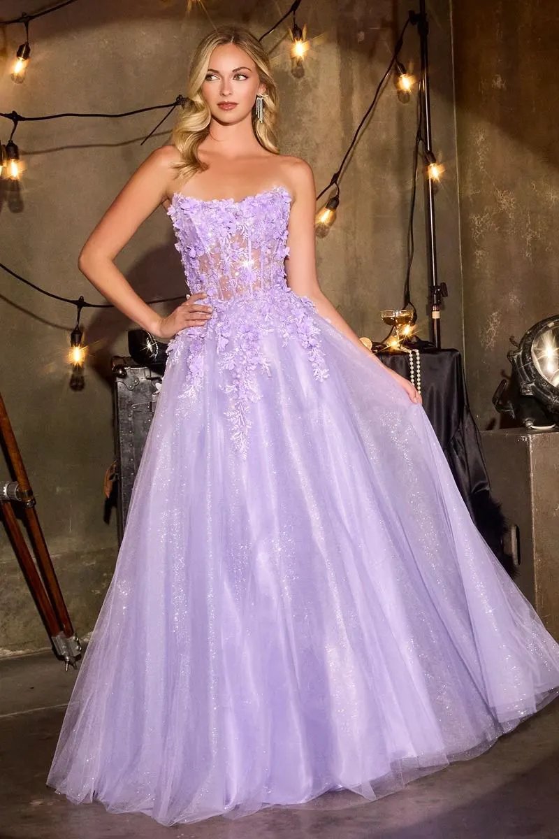 Floral Appliqué Scoop Neck Ball Gown with Shimmer Tulle Skirt by Partner Label
