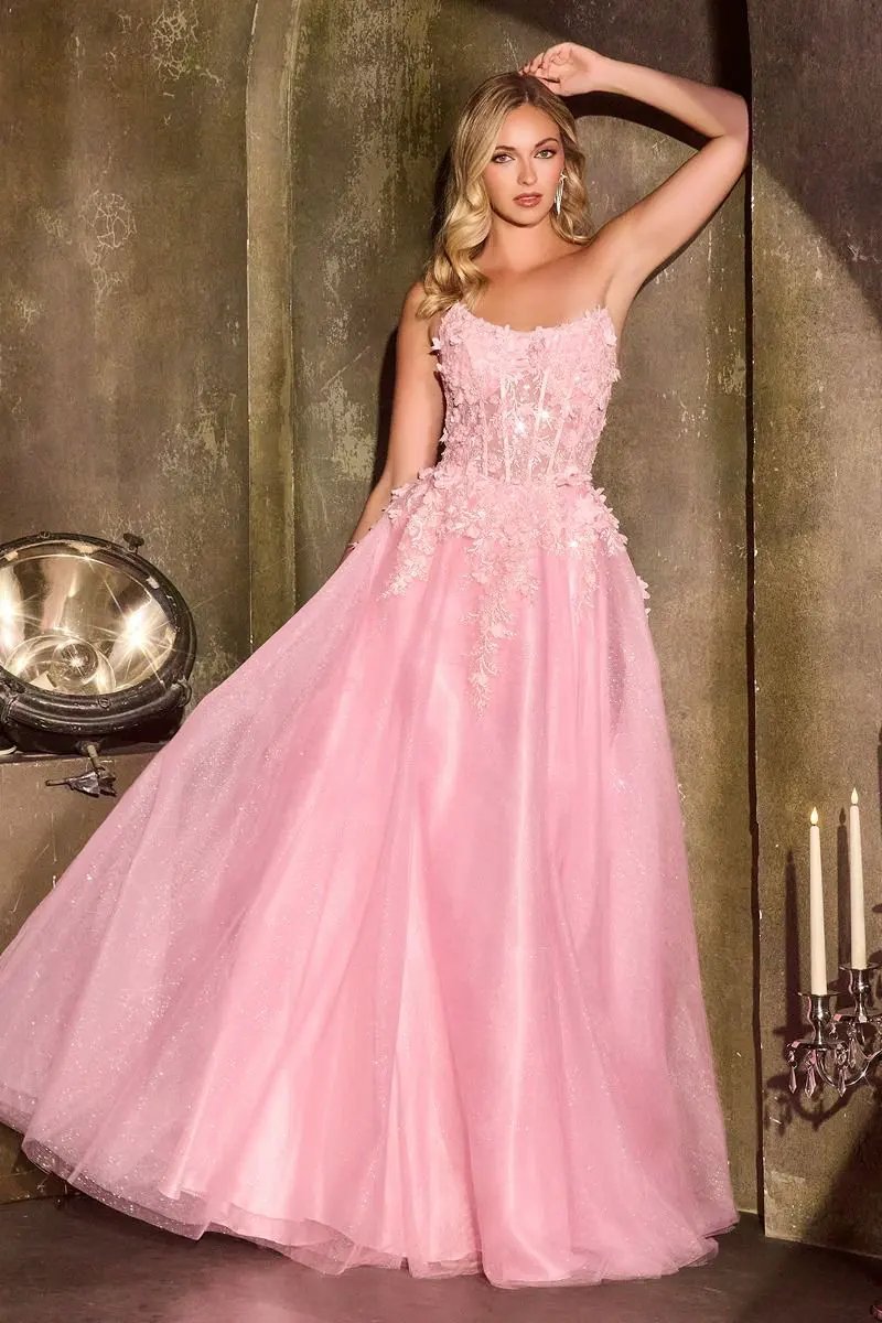 Floral Appliqué Scoop Neck Ball Gown with Shimmer Tulle Skirt by Partner Label