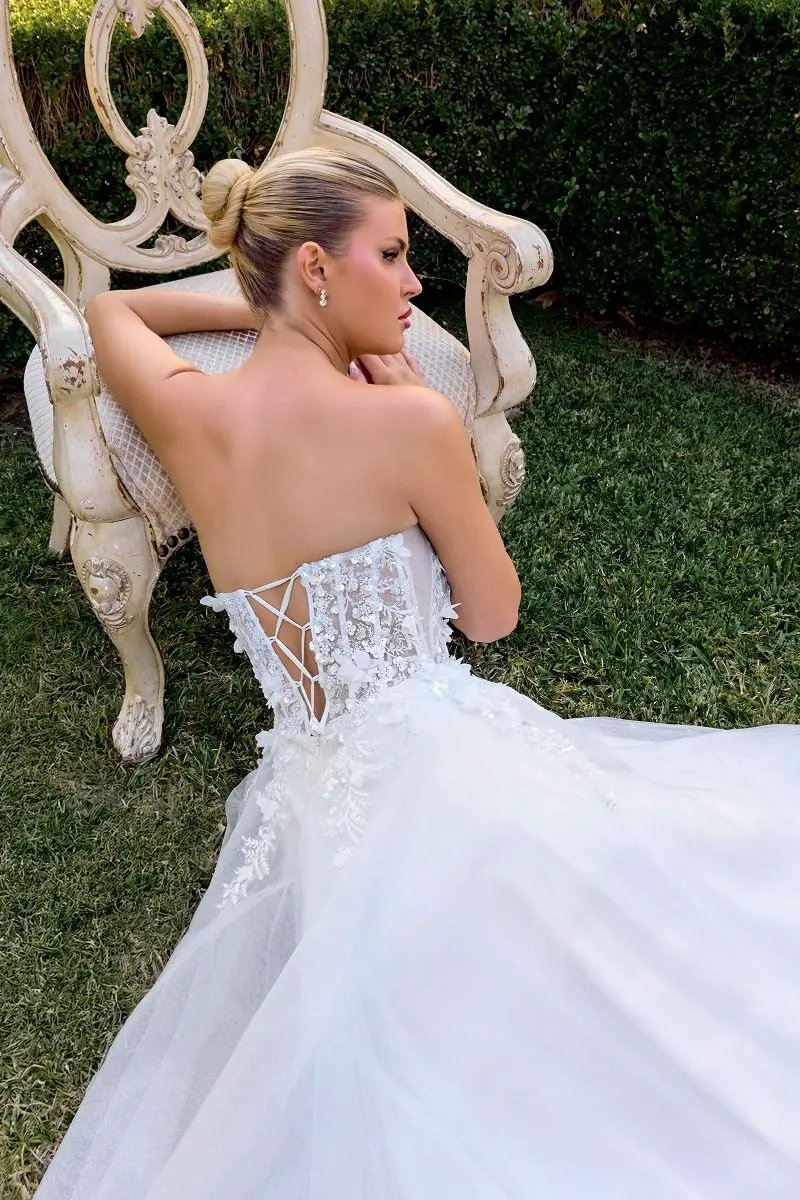 A-Line Gown a Strapless Sweetheart Neckline 3D Floral Appliqué Across the Bodice by Tux-USA