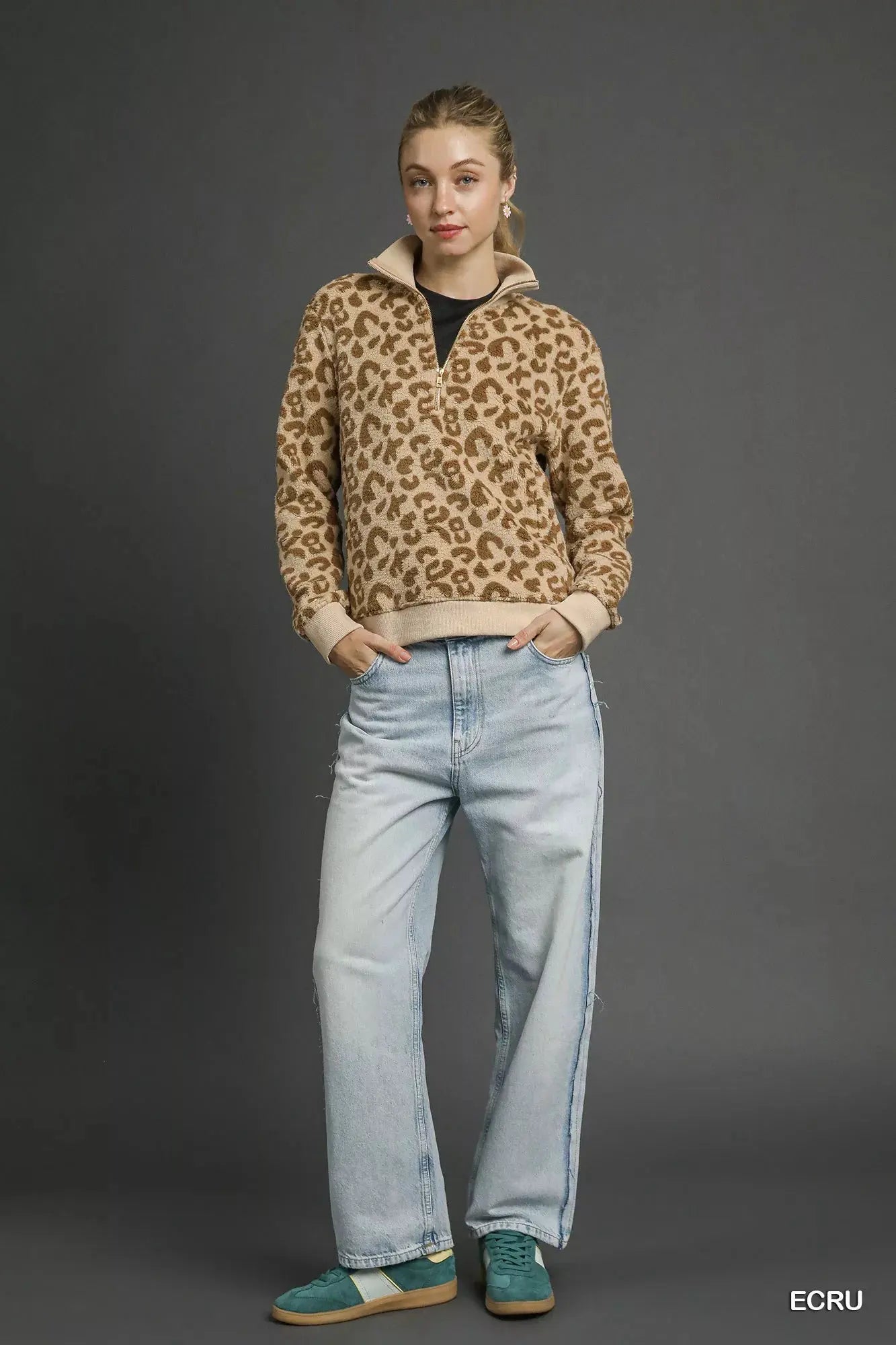 Umgee Leopard Print Quarter-Zip Sweatshirt by Umgee