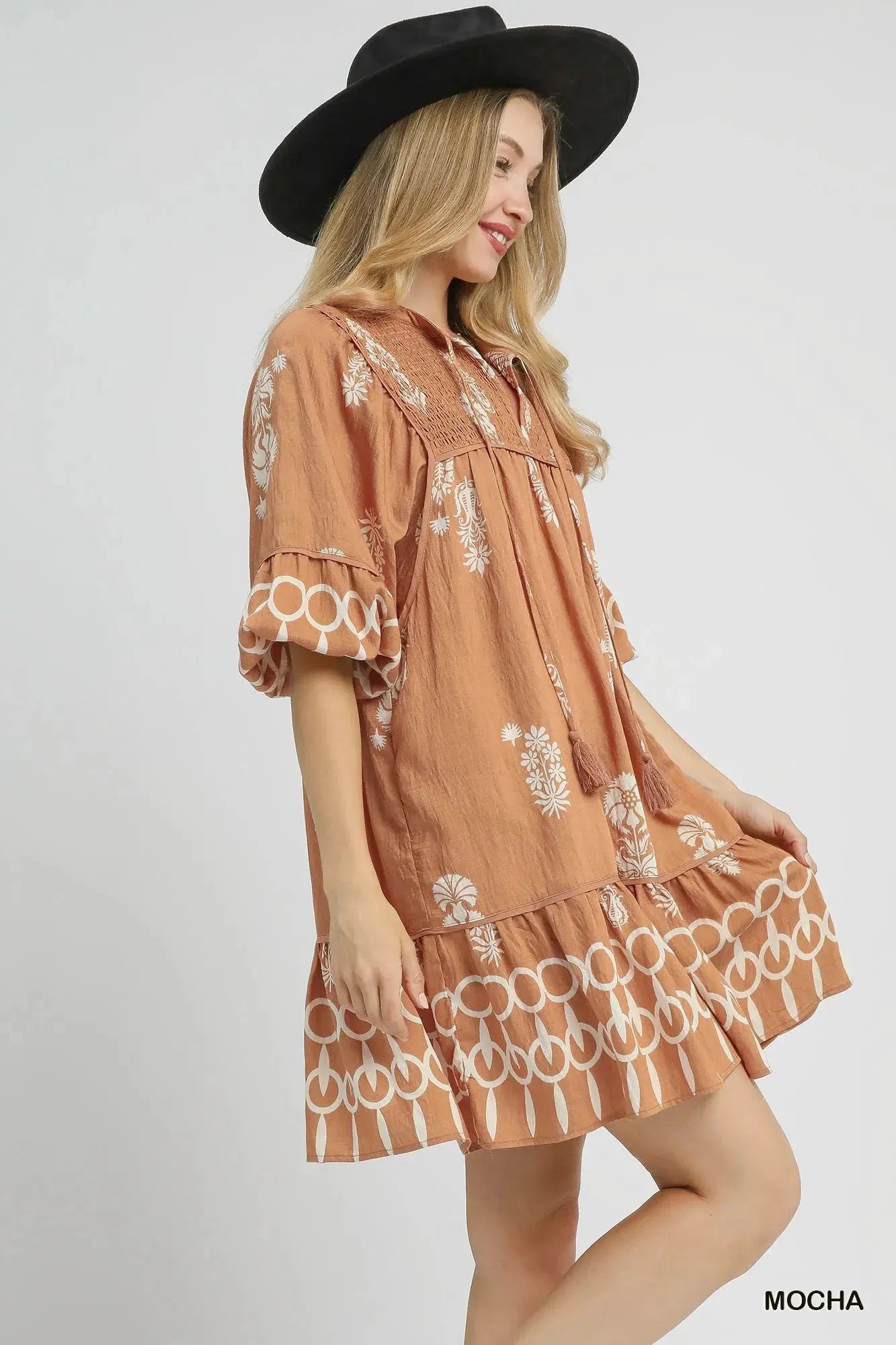 Umgee Boarder Print Tassel Tie Neck Mini Dress by Umgee