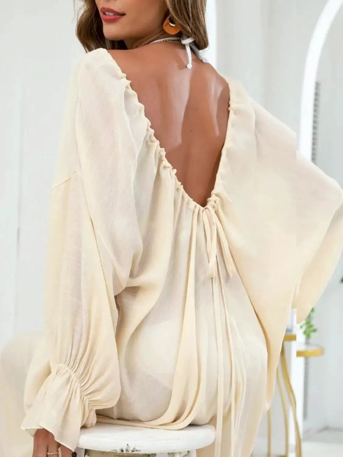Backless Drawstring Back Flounce Sleeve Cover-Up by Partner Labels