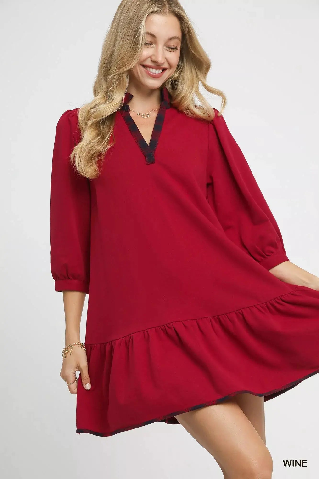 Umgee French Terry Ruffle Hem Dress with Plaid Trim by Umgee