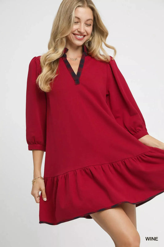 Umgee French Terry Ruffle Hem Dress with Plaid Trim by Umgee