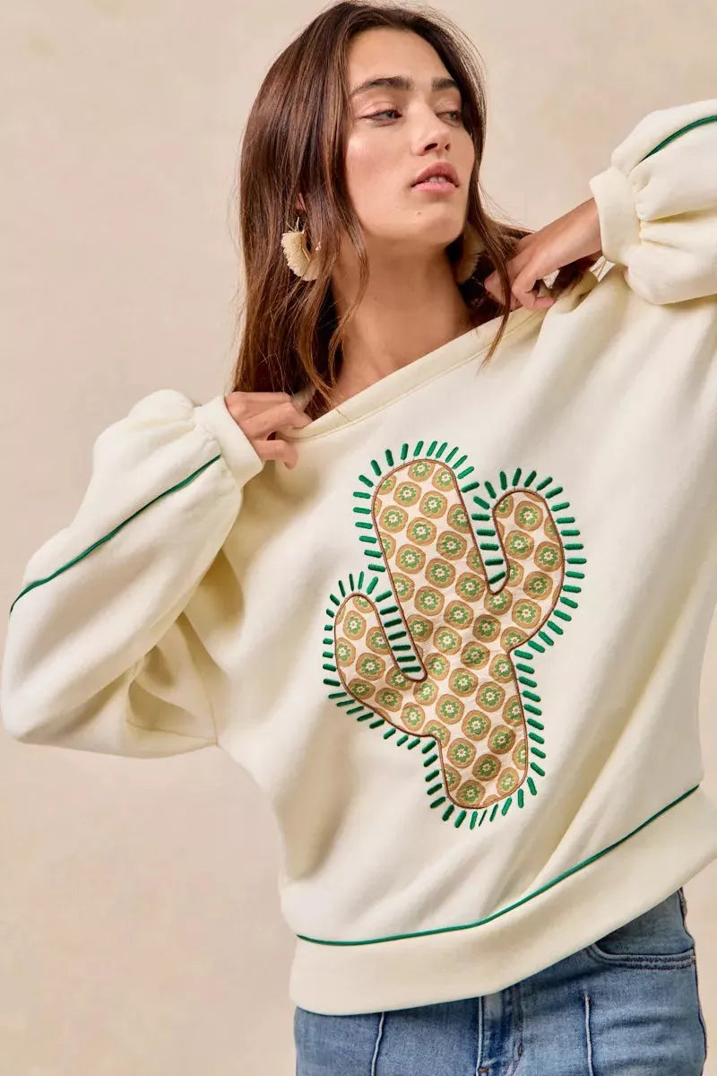 BiBi Cactus Embroidered Fleece Sweatshirt by BiBi