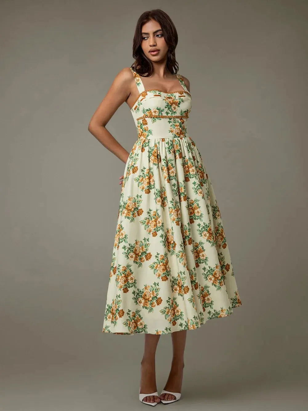 Lace Trim Floral Sleeveless Midi Dress by Partner Label