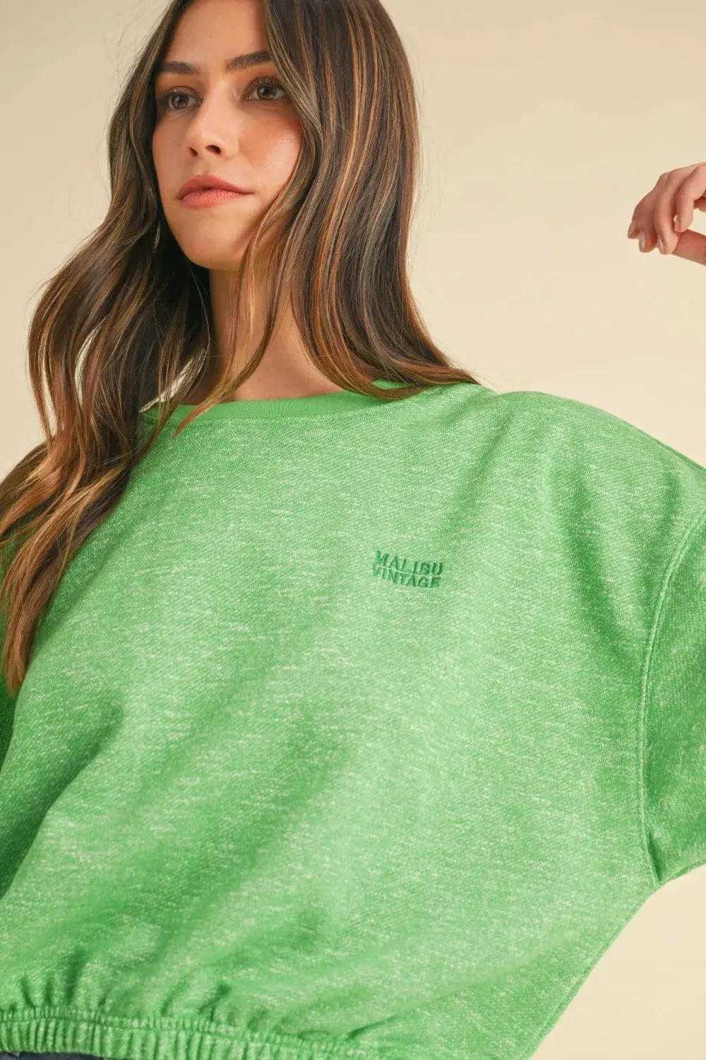 Mable Round Neck Letter Embroidery Crop Sweatshirt by MABLE