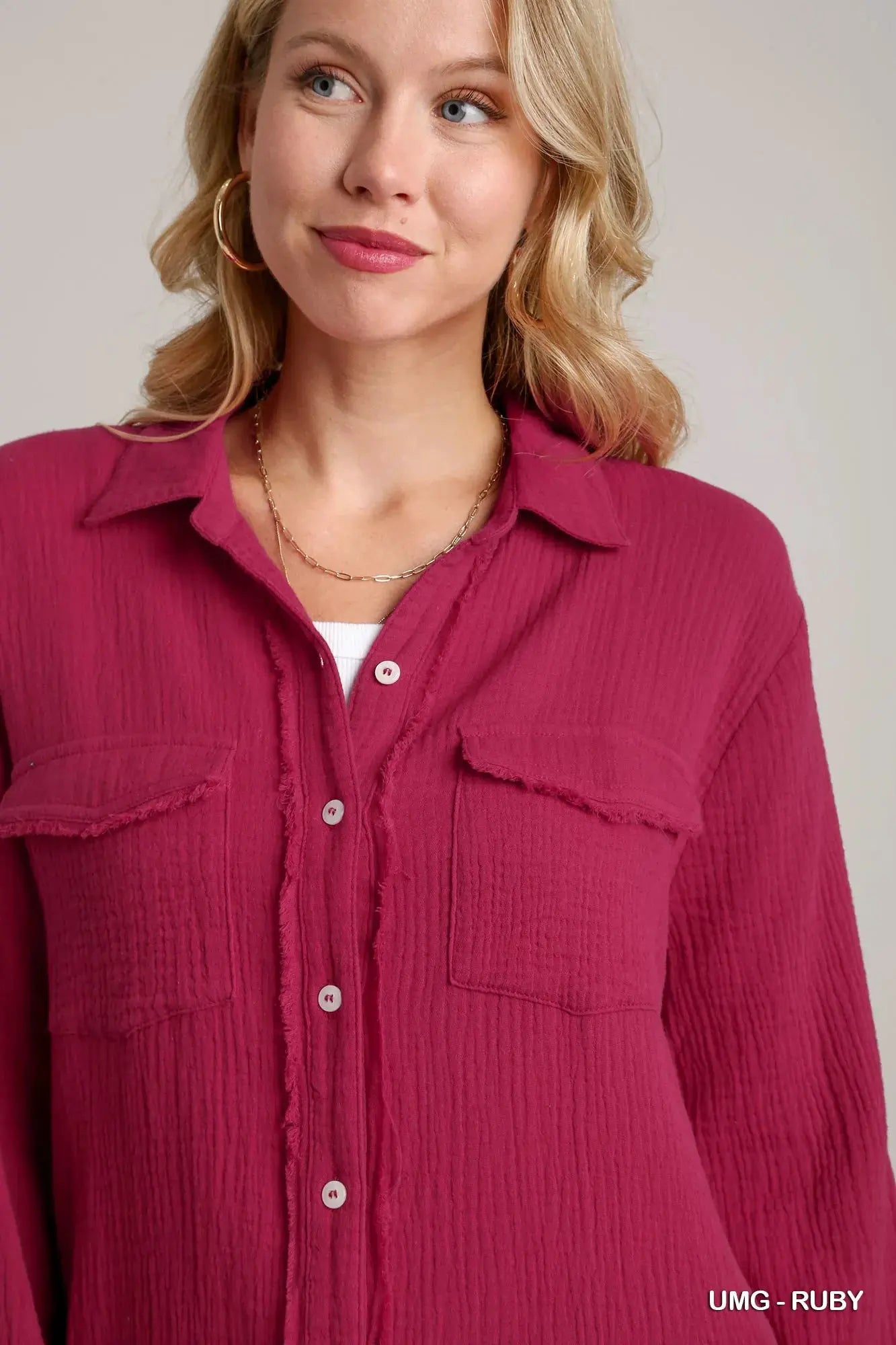 Umgee Cotton Gauze Button Down Shirt Dress by Umgee