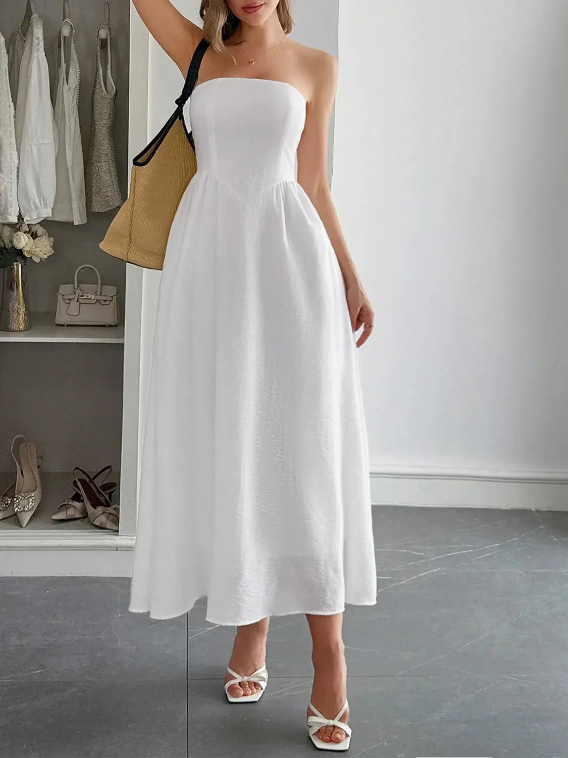 Strapless A-Line Midi Dress with Pockets by Partner Label