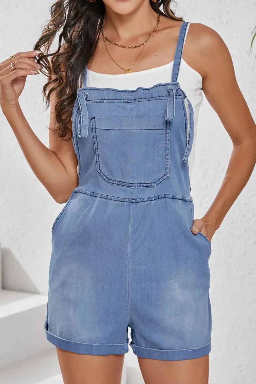 Square Neck Denim Overalls with Pockets by Partner Labels
