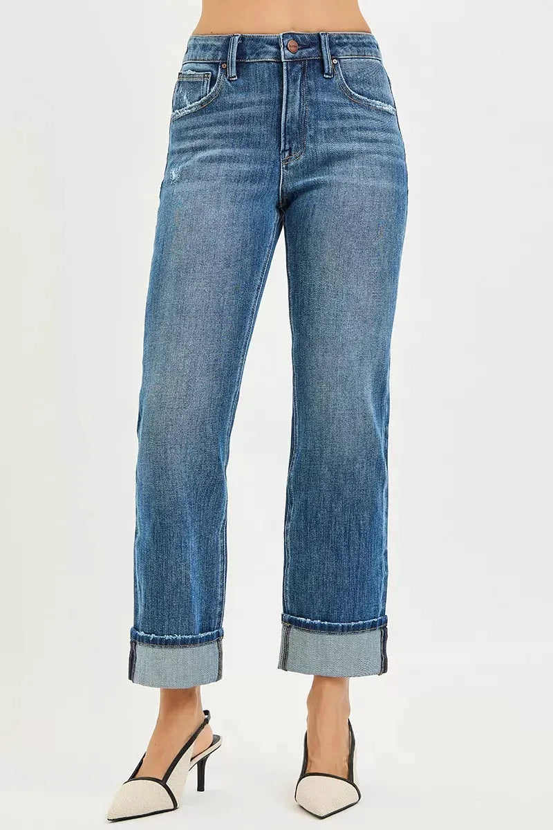 RISEN Full Size 4 Way Stretch Slouchy Straight Jeans with Cuffed Hem Plus Size by RISEN