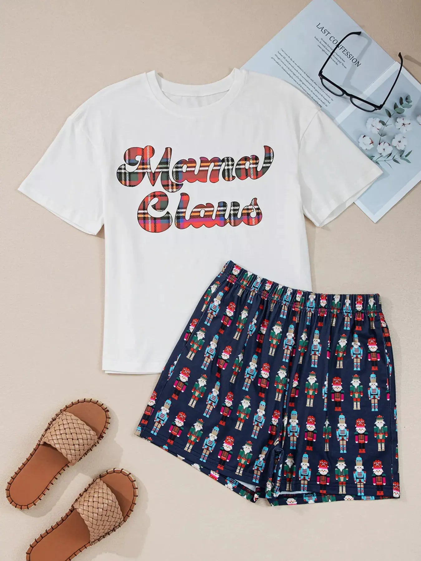 Mama Claus Plaid Letter Tee and Nutcracker Shorts 2pcs Lounge Set by Partner Label