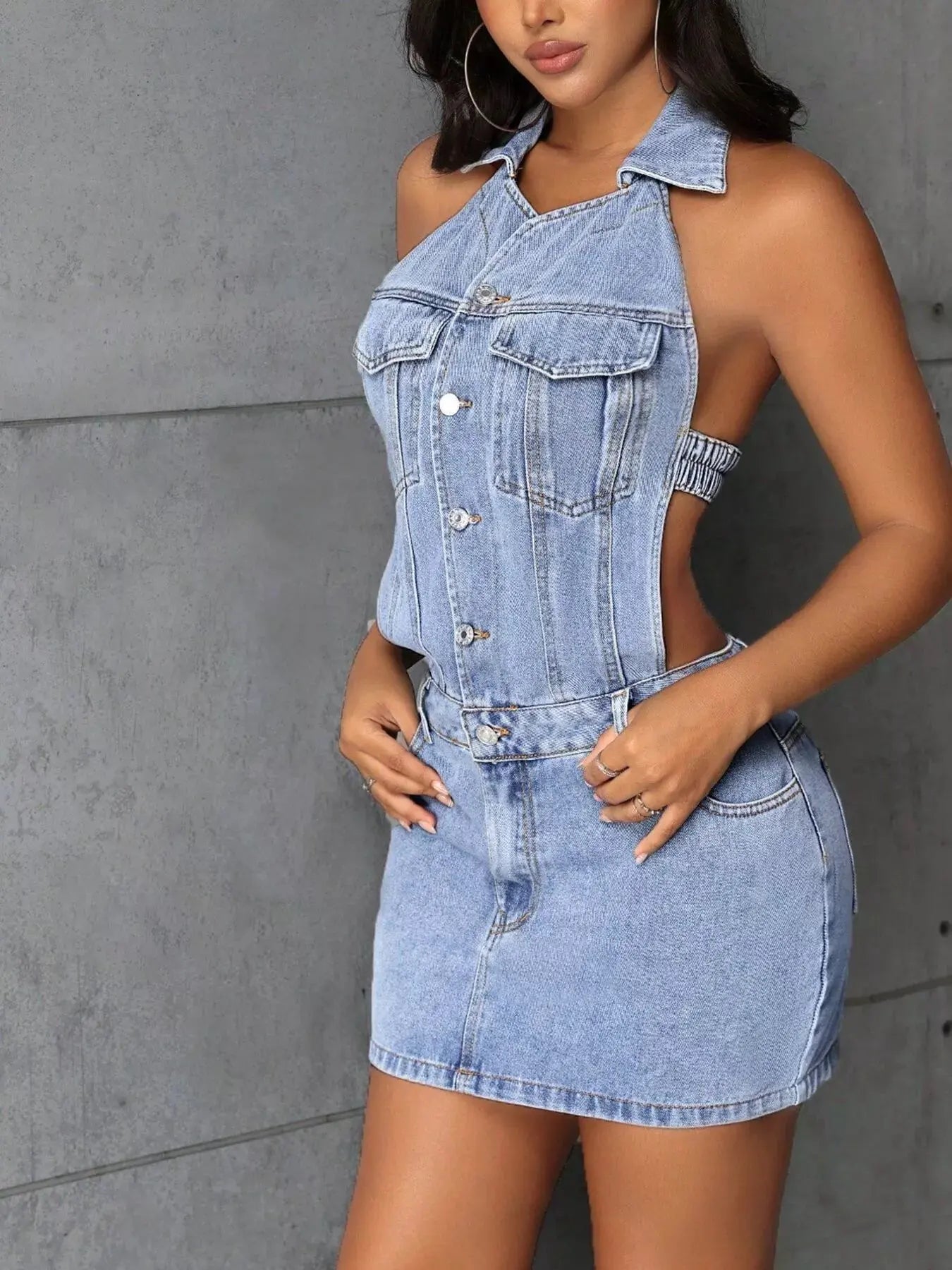 Backless Sleeveless Button Front Denim Mini Dress by Partner Label
