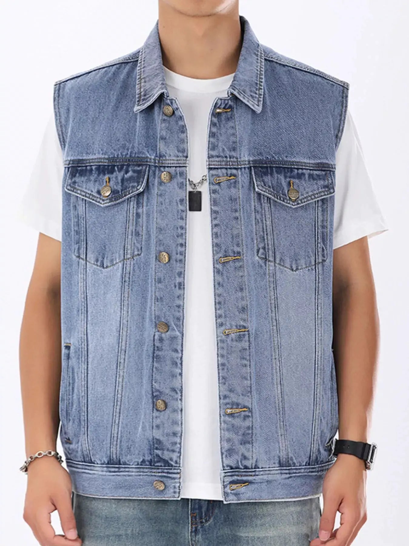 Men's Plus Size Vintage Washed Sleeveless Denim Vest by Trendsi