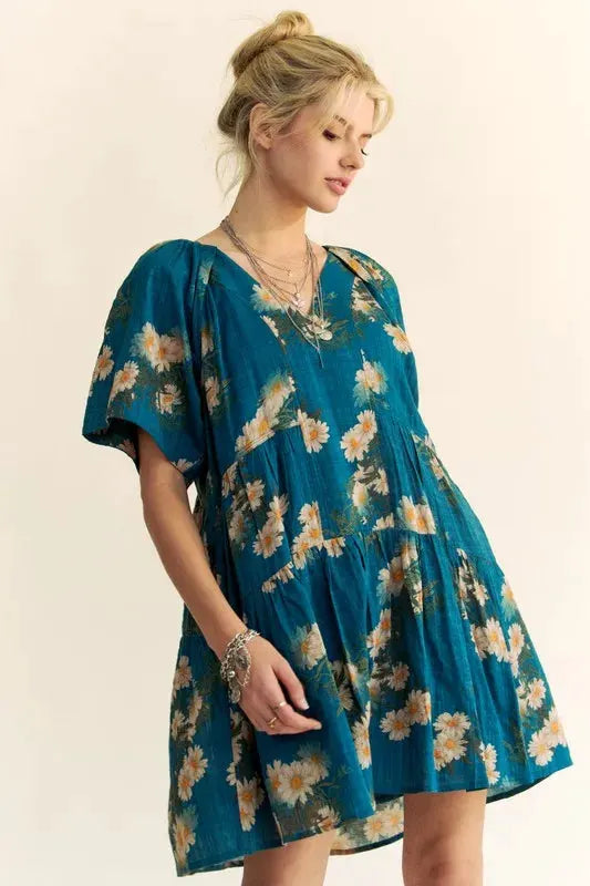 Davi & Dani Floral Print Short Bell Sleeve Pleated Mini Dress by Davi & Dani