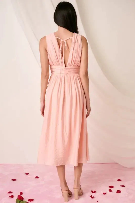 Mittoshop Ruched V-Neck Sleeveless Midi Dress by Mittoshop