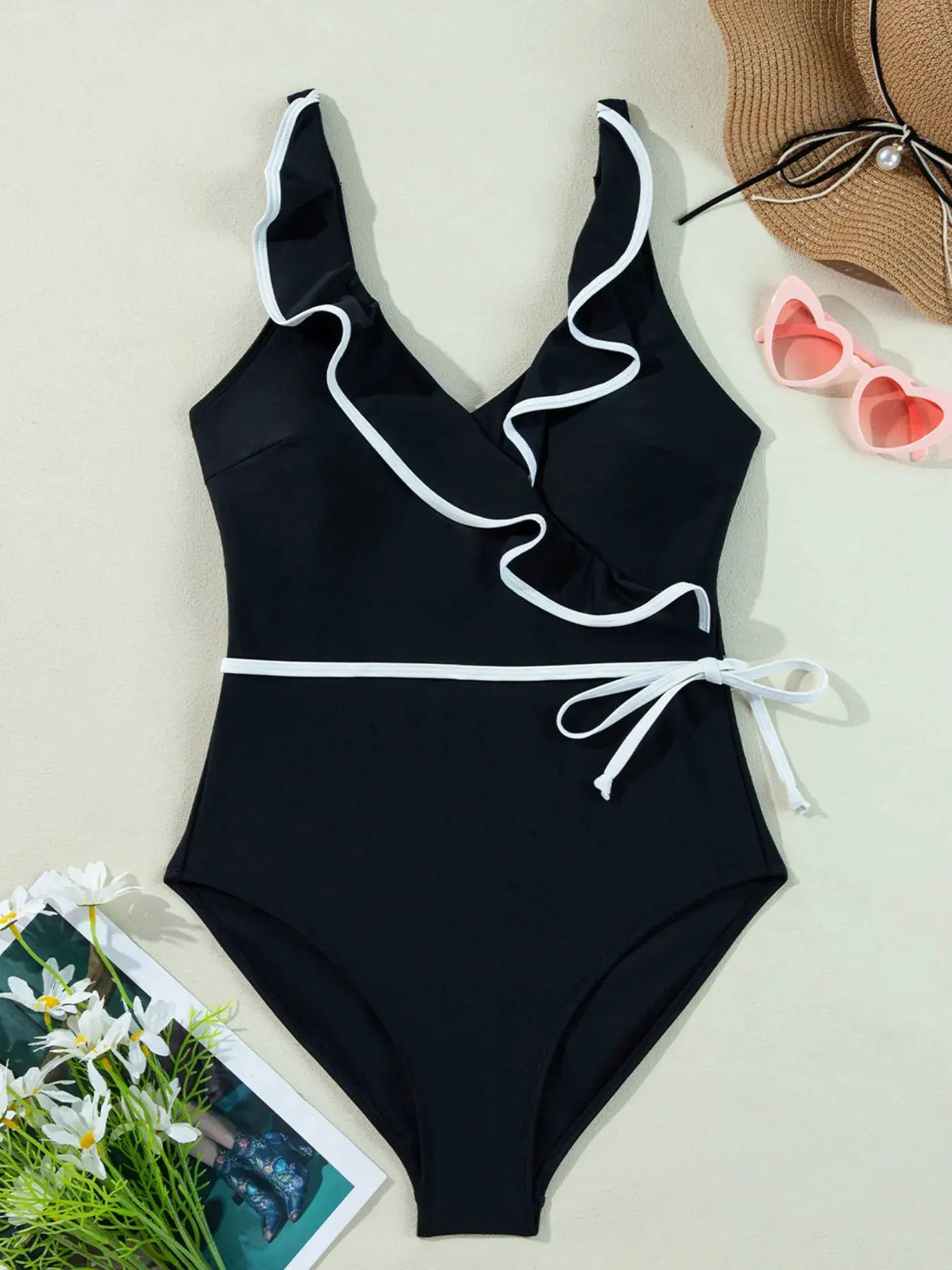 Ruffle Trim V-Neck One-Piece Swimsuit by Partner Label