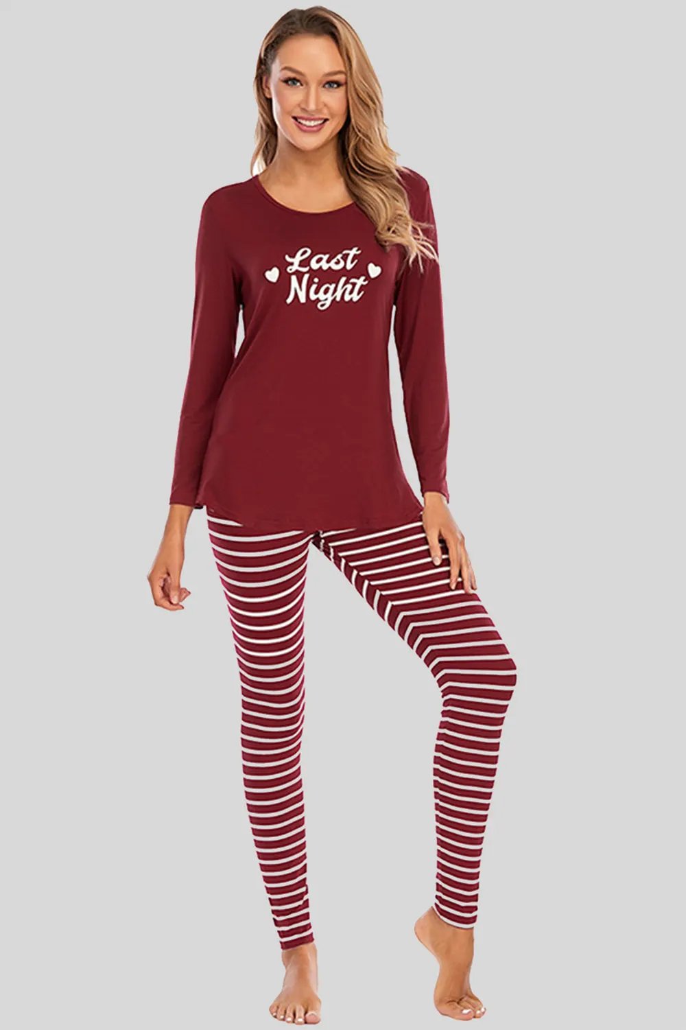 Graphic Round Neck Top and Striped Pants Set by Partner Label