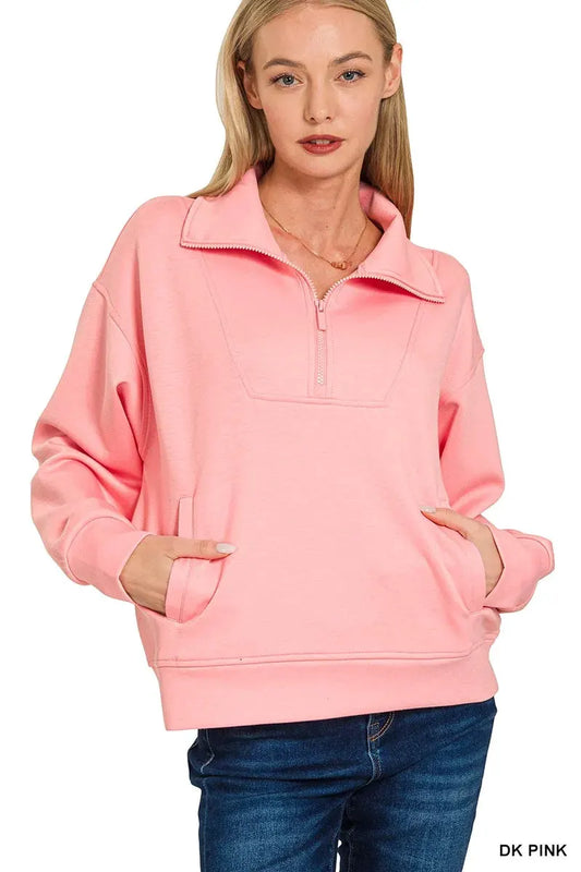 Zenana Scuba Half Zip Sweatshirt with Pockets by Zenana