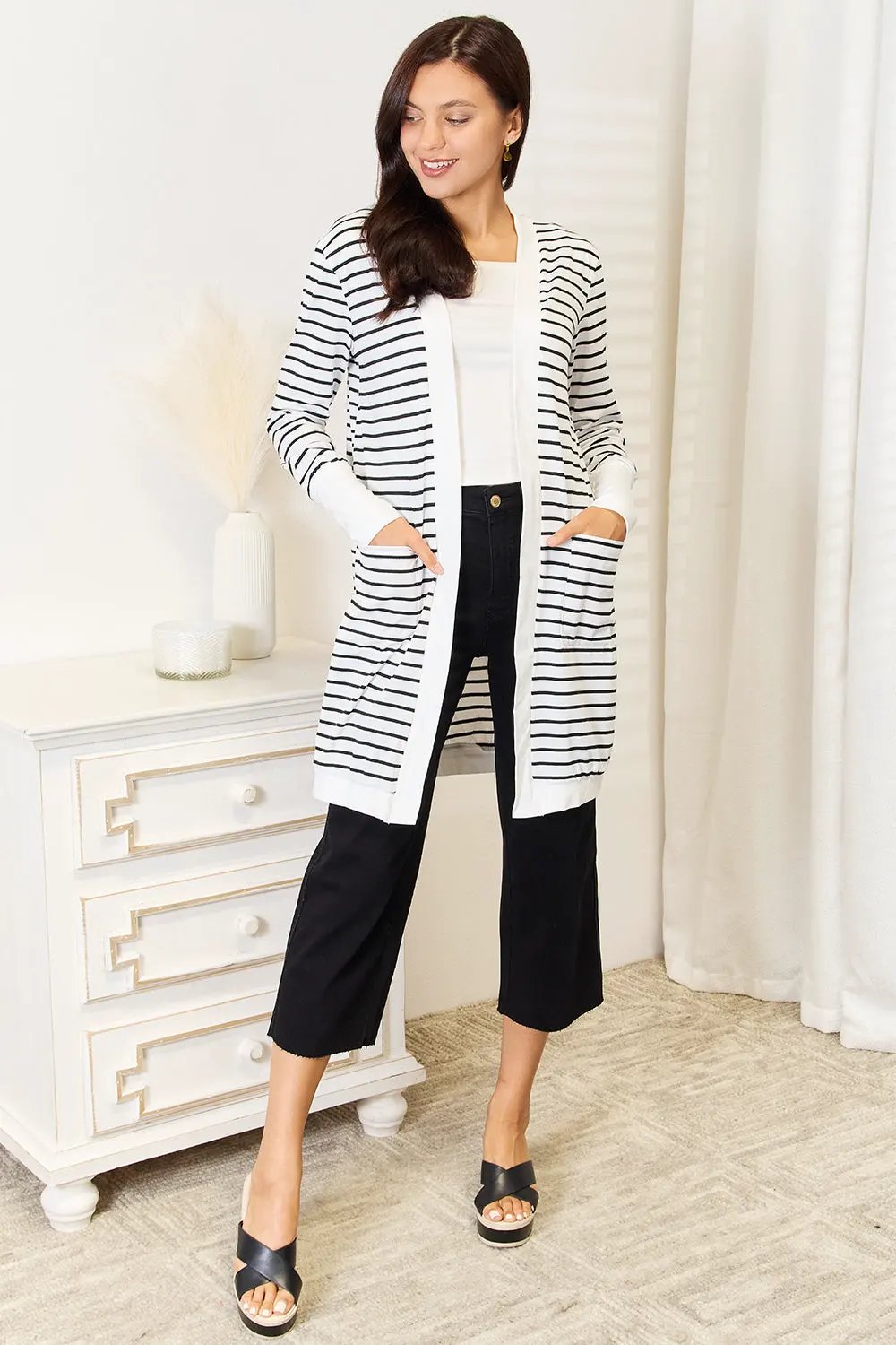 Double Take Striped Open Front Longline Cardigan by Double Take
