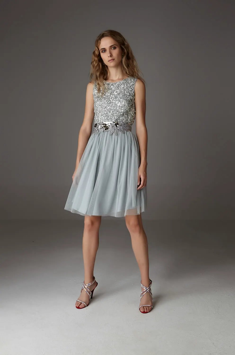 Iria Mini Grey Hand‑Embroidered Short Dress by Ceylan Bcn