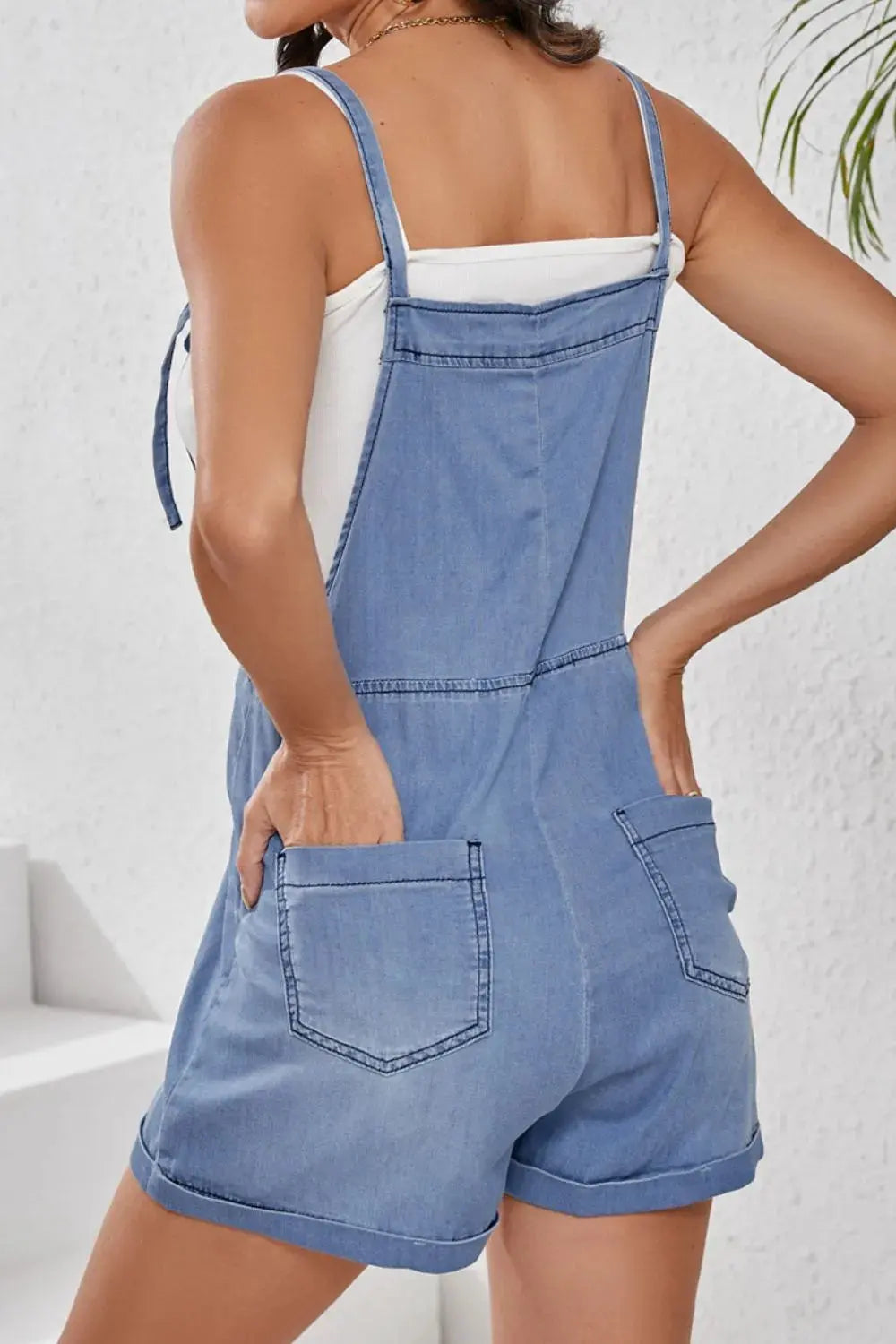 Square Neck Denim Overalls with Pockets by Partner Labels