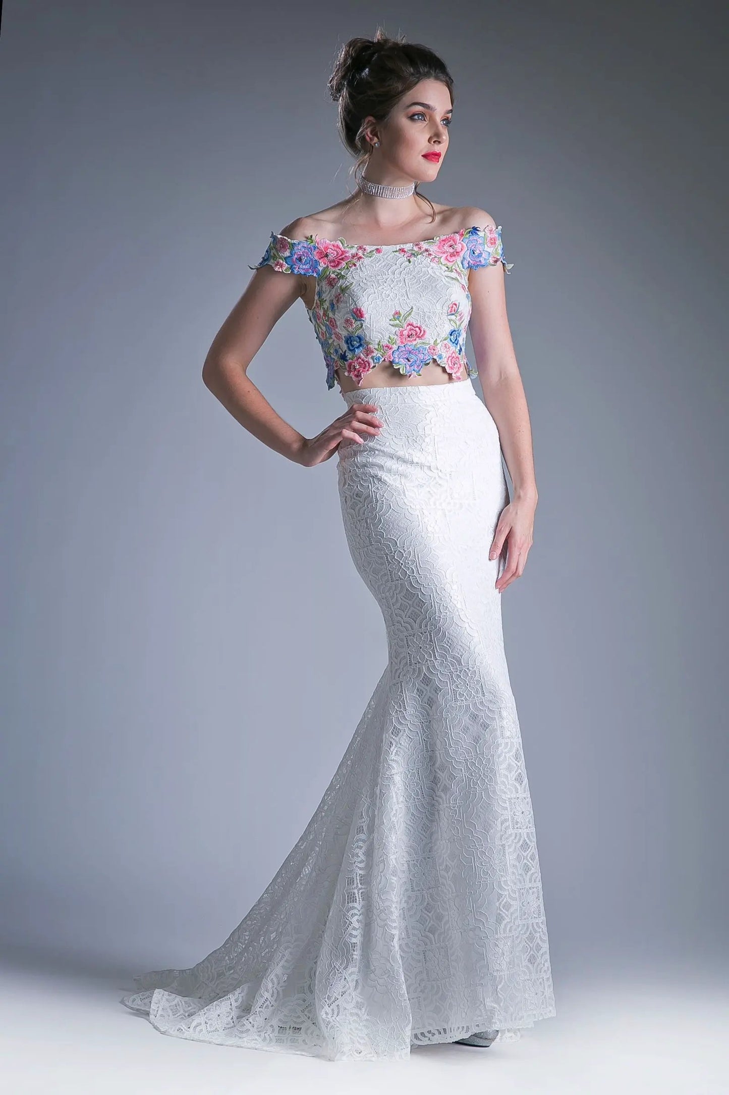 Two piece off the shoulder fitted dress with embroidered floral appliques and lace detailed skirt. by Tux-USA