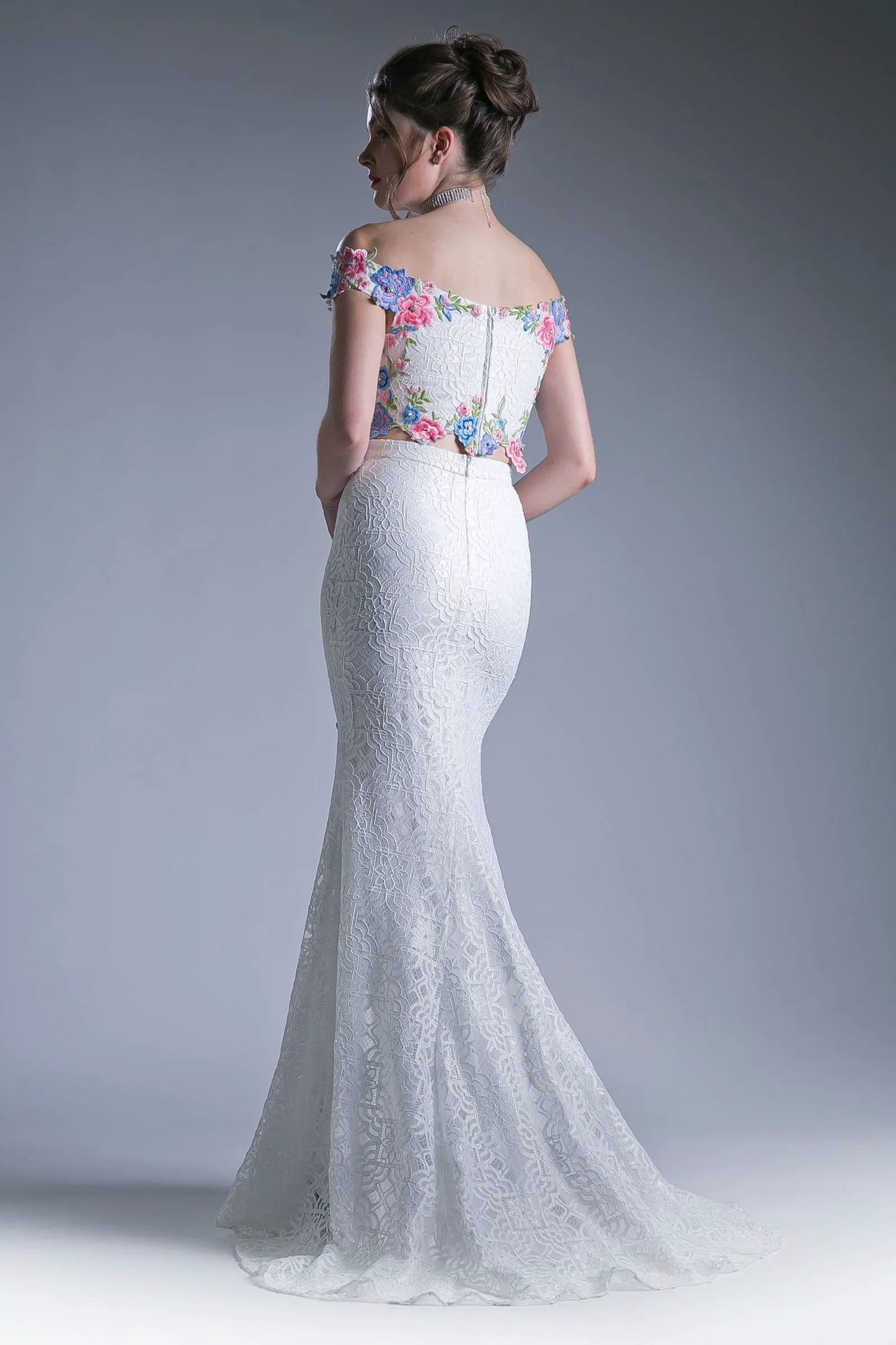 Two piece off the shoulder fitted dress with embroidered floral appliques and lace detailed skirt. by Tux-USA