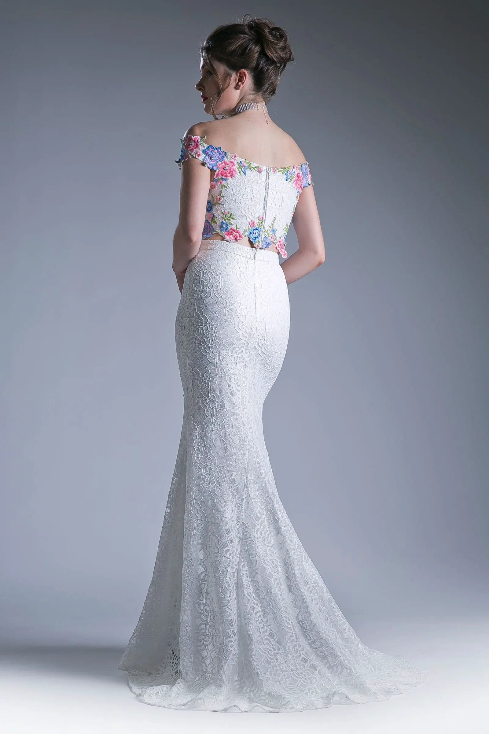Two piece off the shoulder fitted dress with embroidered floral appliques and lace detailed skirt. by Tux-USA